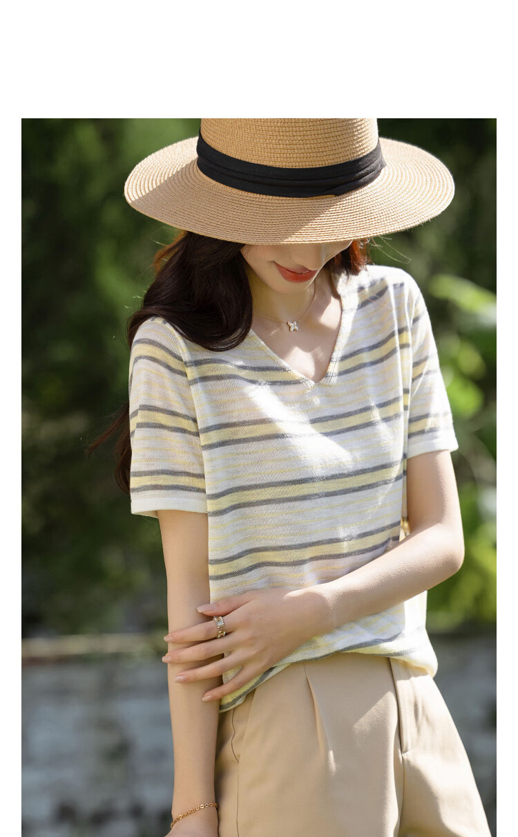Demana [with Lyocell] Summer Lightweight V-Neck Striped Color-Block Short Sleeve Slim Fit Petite Knit Top for Women Premium Quality 11