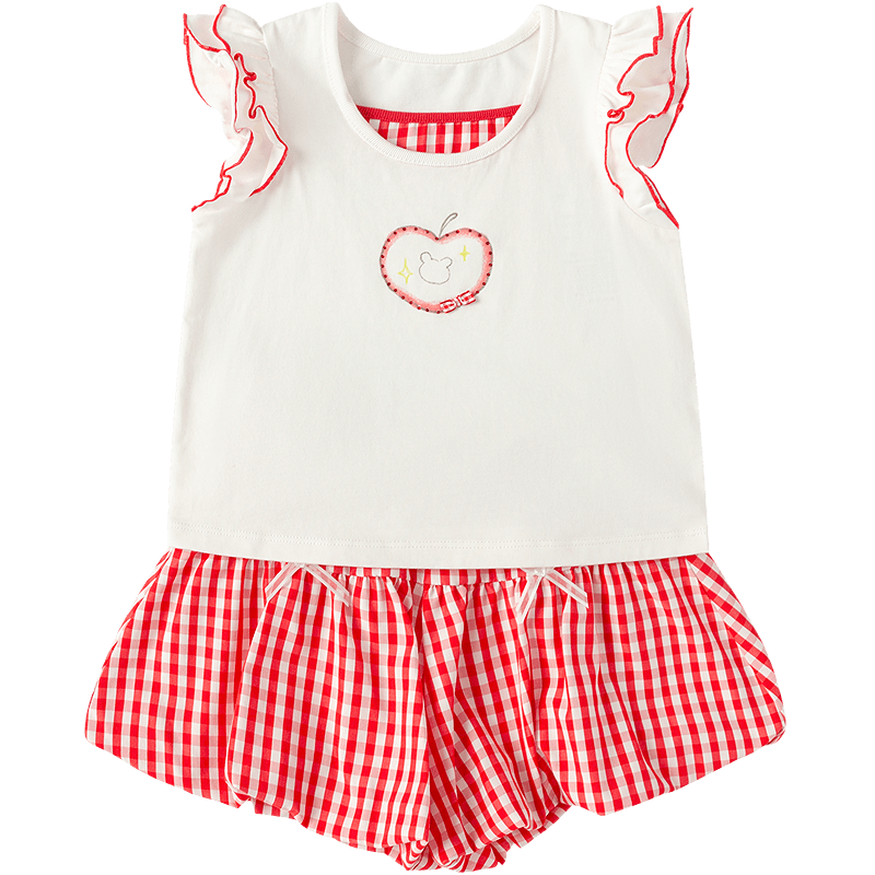 BALABALA Children's Short-Sleeve Set, Baby Two-Piece Outfit, Girls' 2026 New Summer Style, Plaid Bow-Tie T-Shirt And Pants