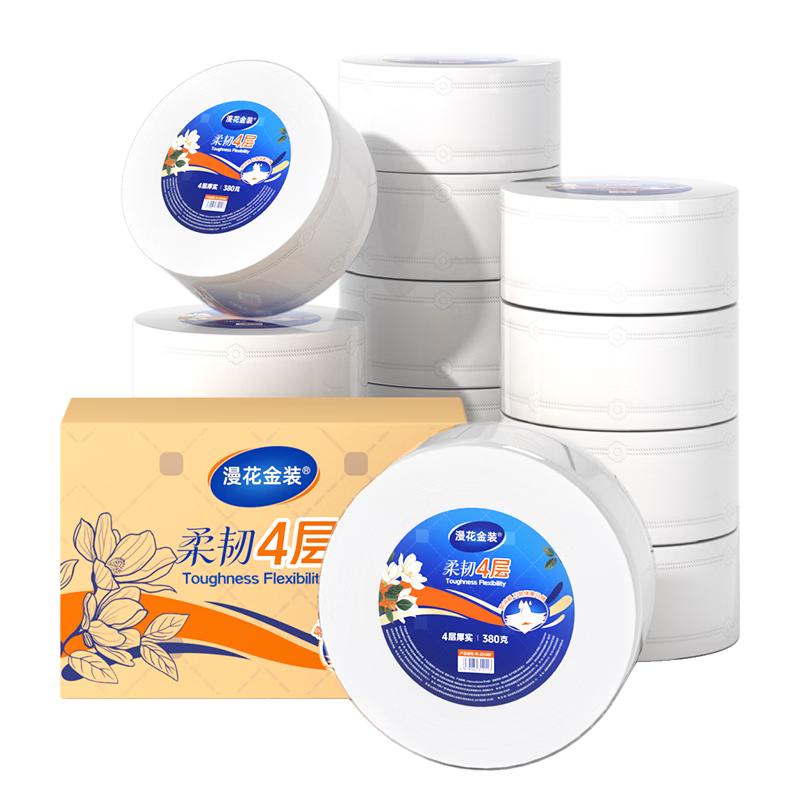 Manhua Gold Commercial Jumbo Roll Paper 4-Ply 380g*12 Rolls Coreless Large Toilet Paper Bulk Box for Mall Hotel KTV Sanitary Paper