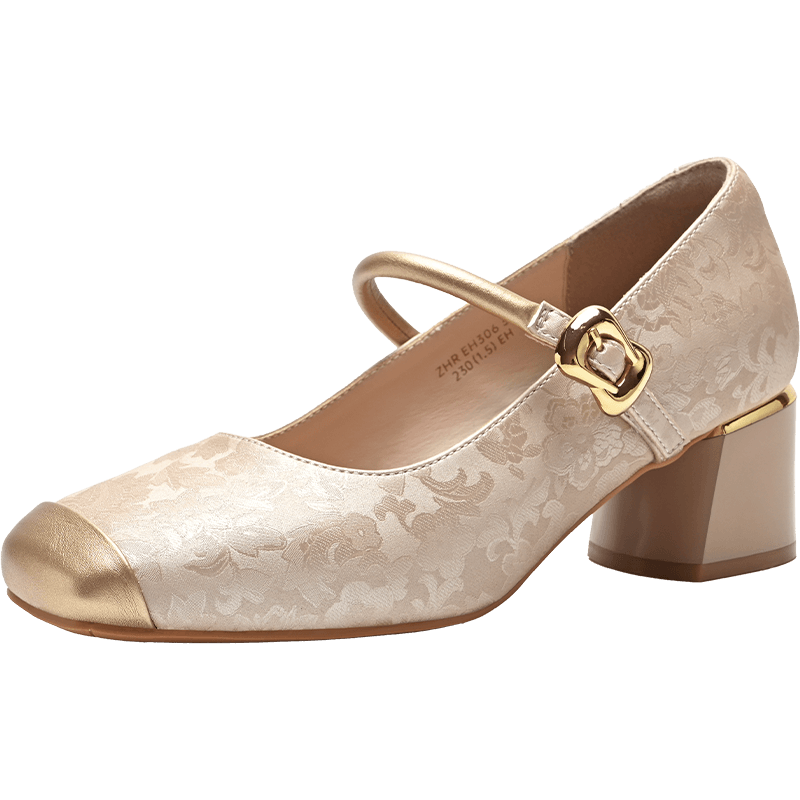 ZHR Women's Flats 2026 Spring New Qipao Style Chunky High Heel Mary Jane Shoes EH306 Champagne Size 38