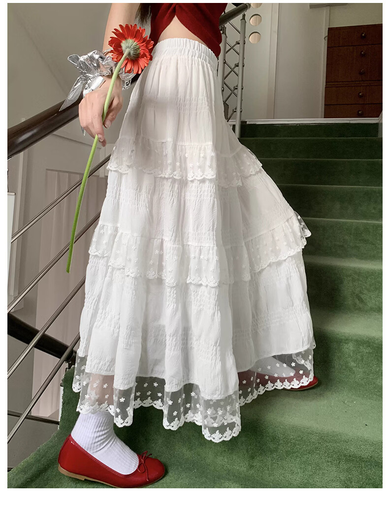 Borui White Design Lace Trim Cake Skirt 2026 New French Style Long Flared A-Line Skirt 2