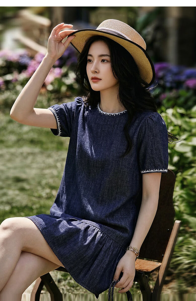 Demana [Oxygen Pure Cotton] Summer Retro College Embroidered Ruffle A-Line Denim Dress Slim Fit Mid-Length for Women 17