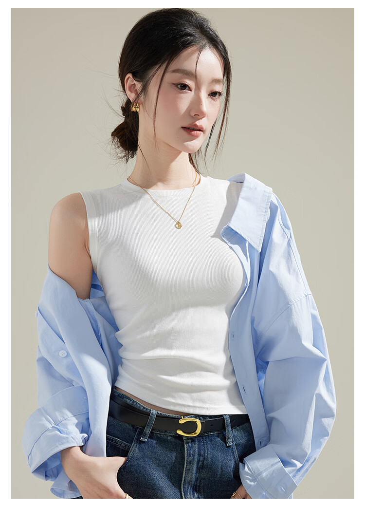 Langsha Women's New Slim Fit Ribbed High Neck Sleeveless Top Korean Style Fashionable Gray 5