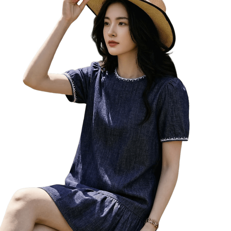 Demana [Oxygen Pure Cotton] Summer Retro College Embroidered Ruffle A-Line Denim Dress Slim Fit Mid-Length for Women