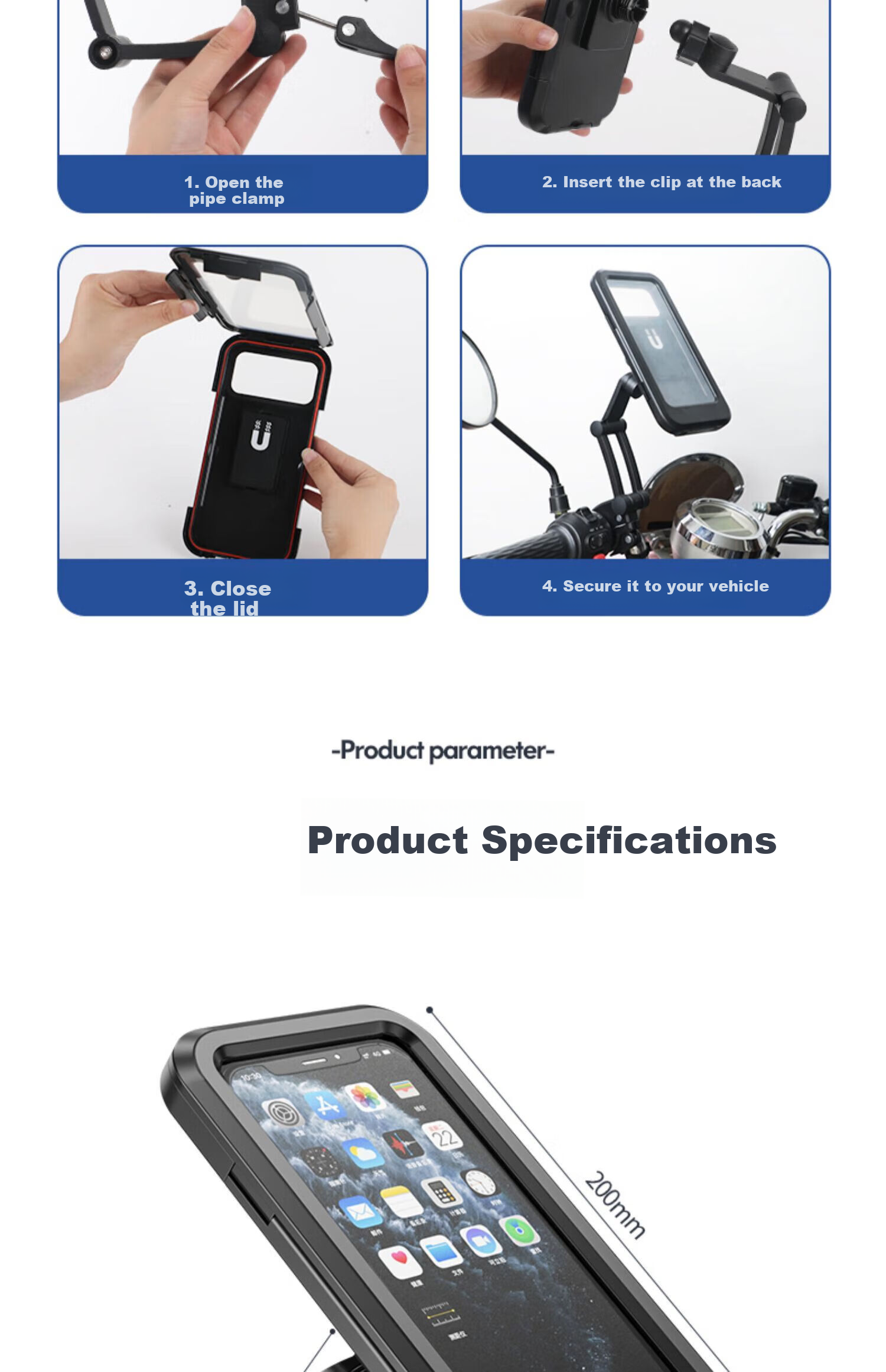 Kylie Waterproof 360° Adjustable Mobile Phone Holder for Electric Motorcycle Bicycle Handlebar, Rainproof and Shockproof 30