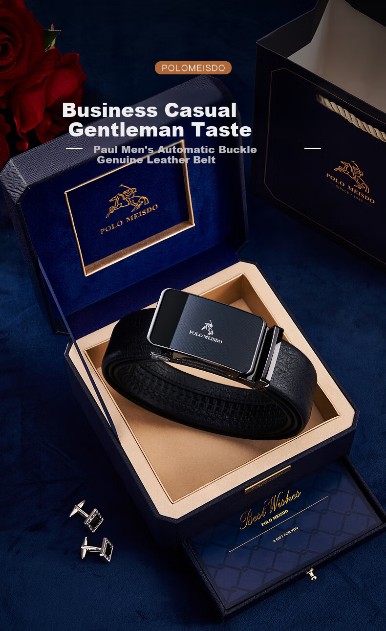 POLOMEISDO Men's Genuine Leather Belt Fashion Waistband Gift Box Birthday Present for Boyfriend Husband Father Practical 1