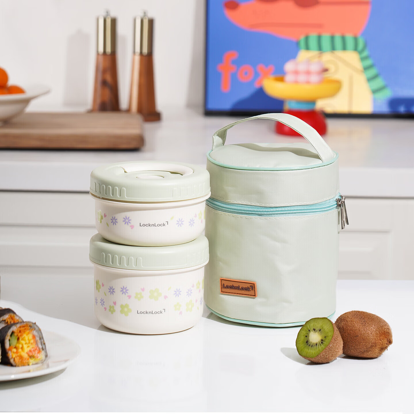 LOCK&LOCK Ceramic Inner Fresh-Keeping Lunch Box Insulated Food Container Microwave Safe Two-Piece Set (400ML+600ML) with Free Lunch Bag