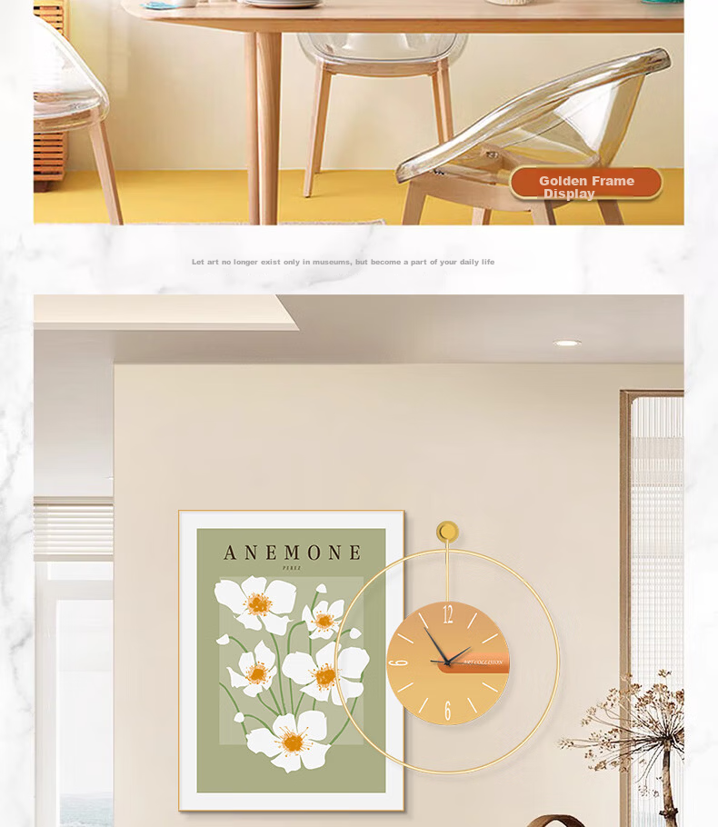 Mao Jiu Jiang Restaurant Decorative Wall Art with Clock and Greenery for Dining Room Table Background, Fresh Style Living Room Luxury Wall Clock Painting 11