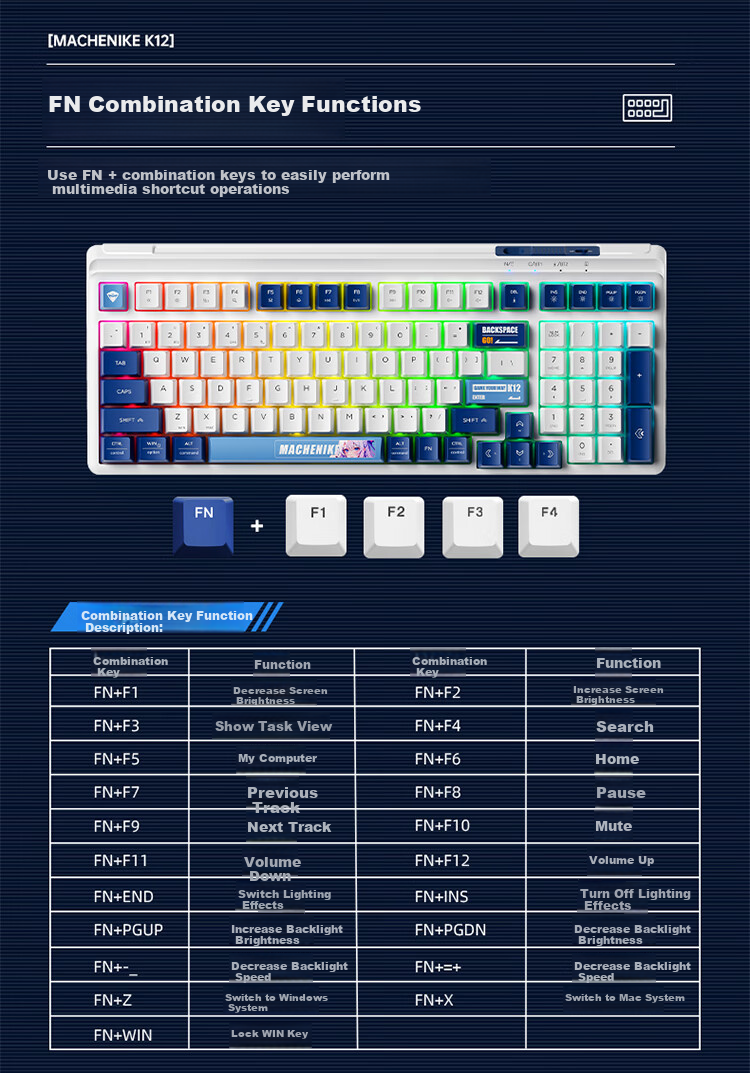 MACHENIKE K12 99-Key Triple-Mode Membrane Keyboard RGB Backlit Dustproof Water-Resistant Gaming Office Keyboard Large Capacity Battery Blue White 8