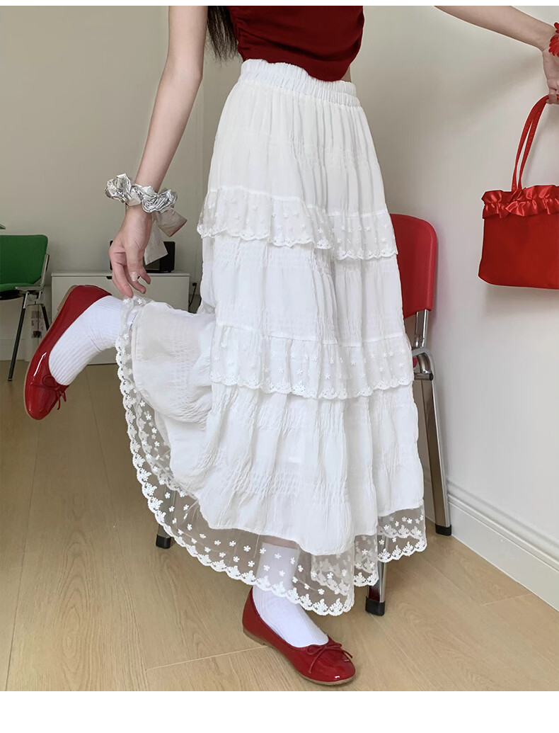 Borui White Design Lace Trim Cake Skirt 2026 New French Style Long Flared A-Line Skirt 26