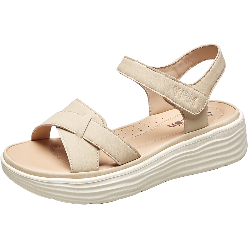 Eierkang Women's Sandals Thick Sole Height Increasing Large Size Casual Sandals Magic Tape Soft Sole Mom Sandals 18065W Apricot 37