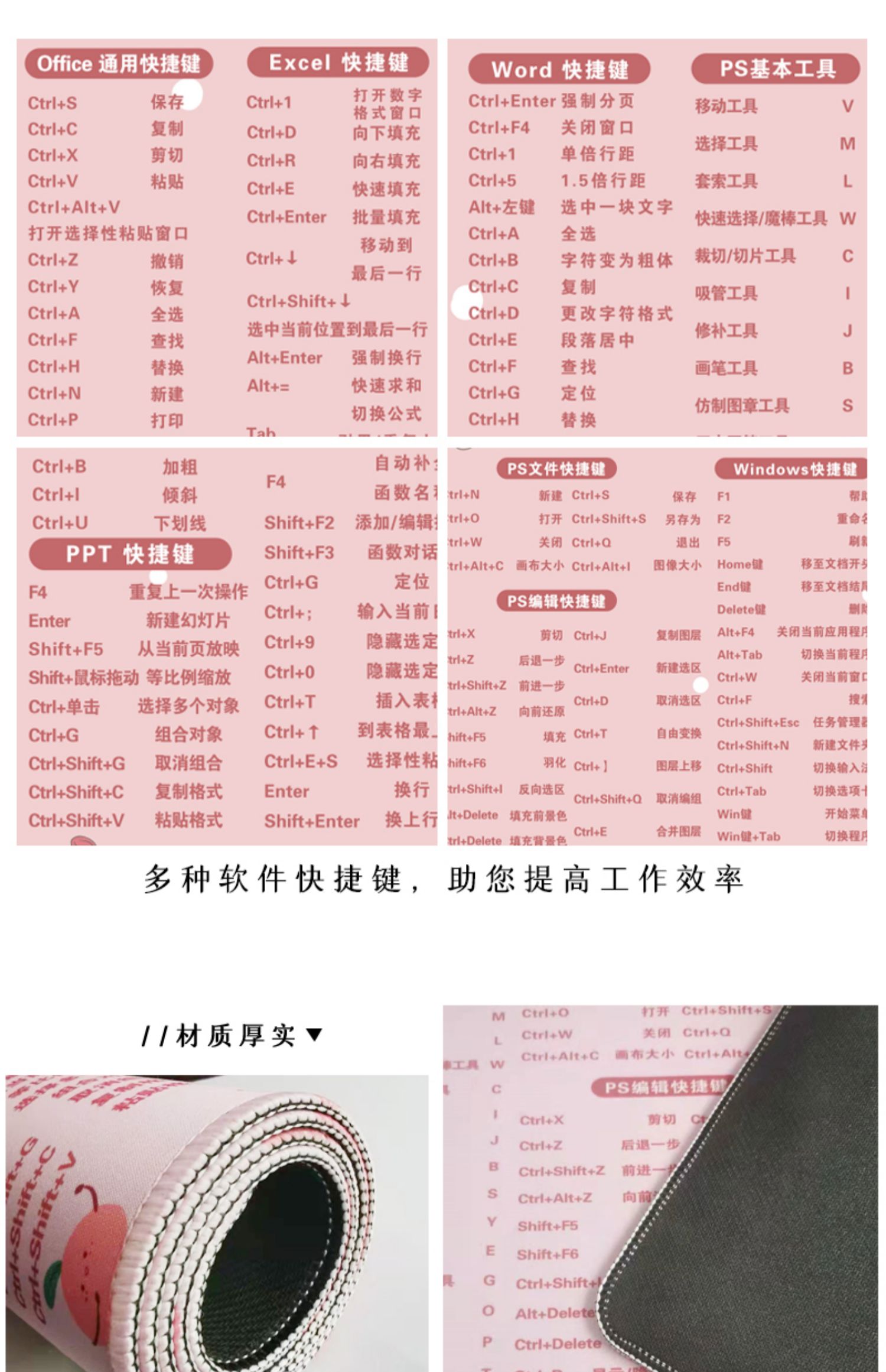 办公快捷键大全鼠标垫超大电脑笔记本女生学习大键盘垫书桌垫yj5快捷
