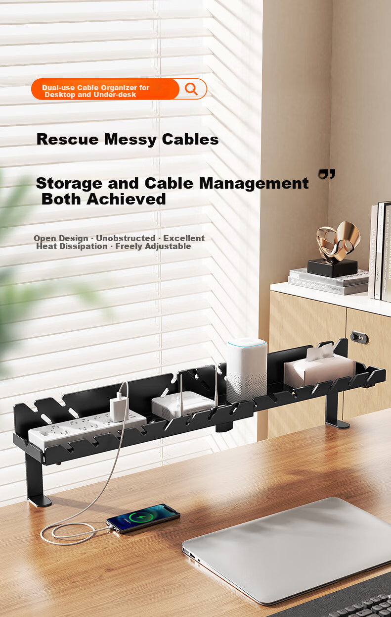 Behind the Scenes Hero TV Accessories Large Black Desktop Cable Organizer Rack No-Drill Cable Management Box for Data Cables and Power Strips 1
