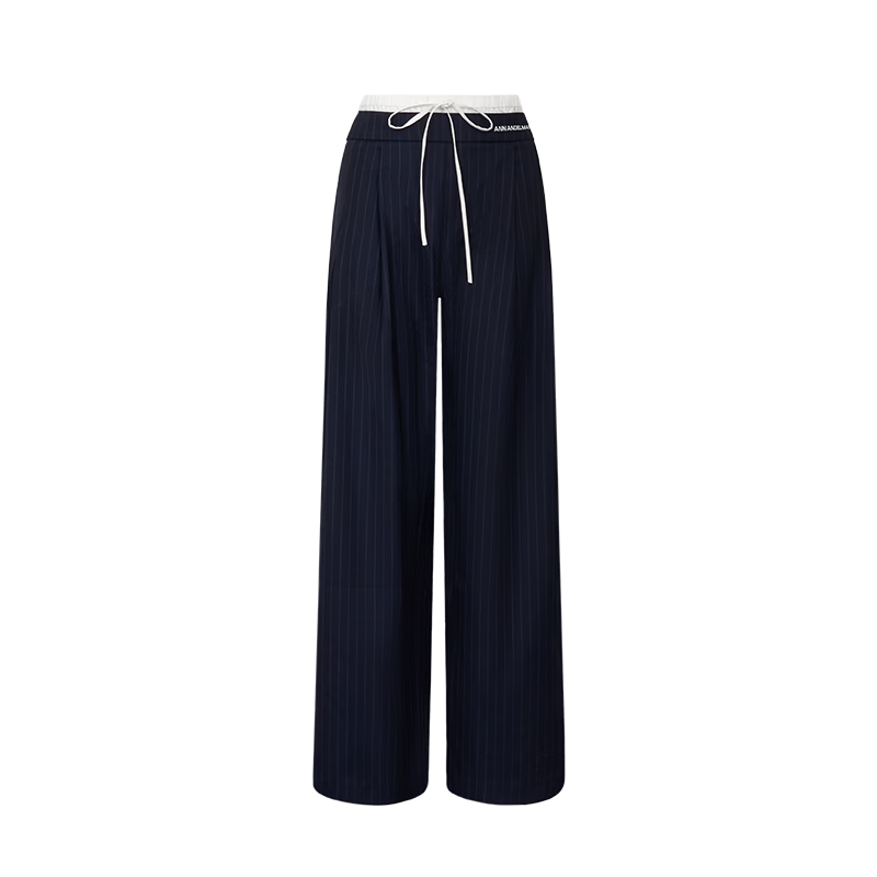ANN ANDELMAN Official Straight-Leg Elastic Waist Spliced Striped Casual Trousers Blue S Celebrity Style