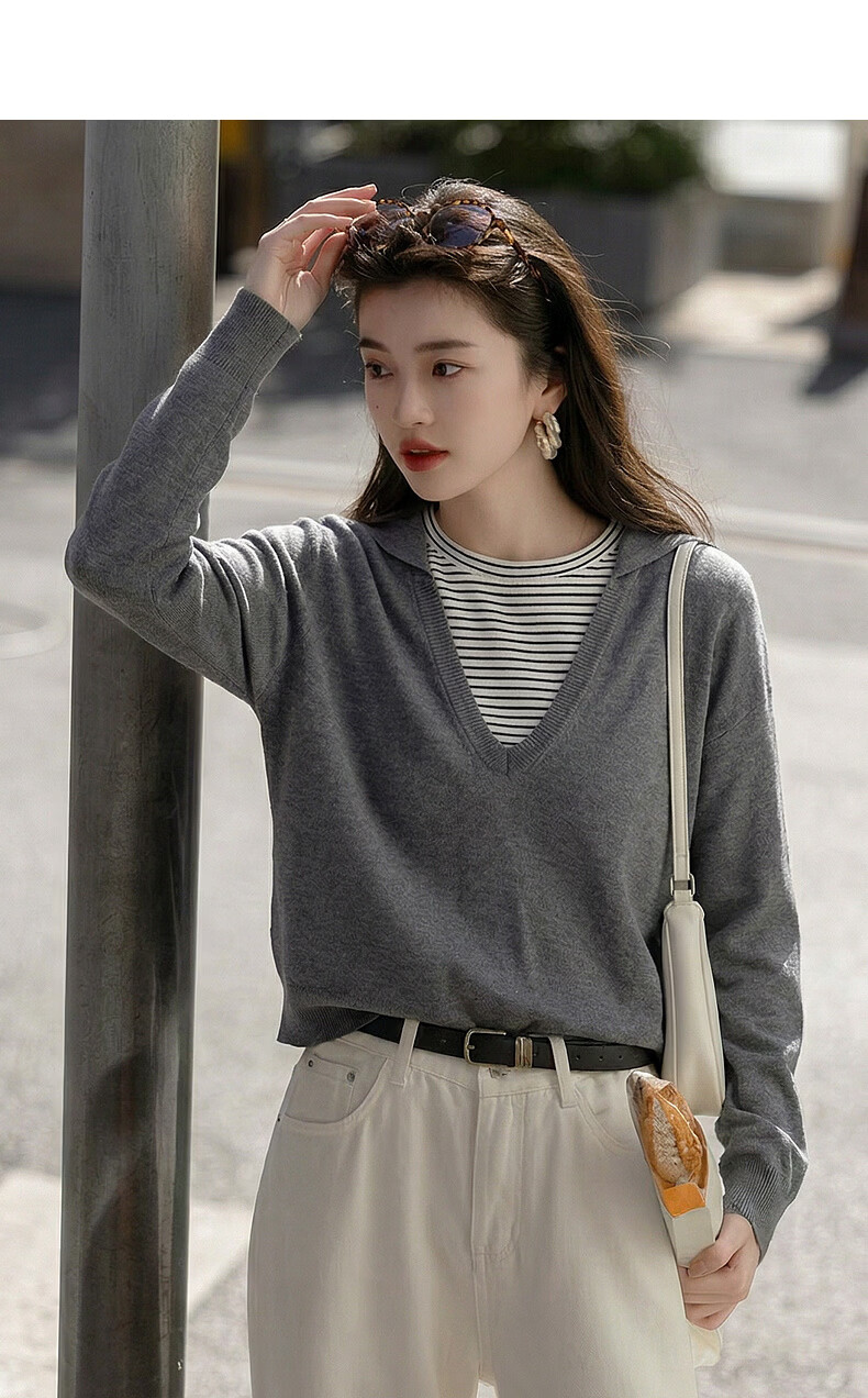 Demana Spring Faux Two-Piece Colorblock Striped Hooded Knit Sweater with Fluffy Wool for Women 4