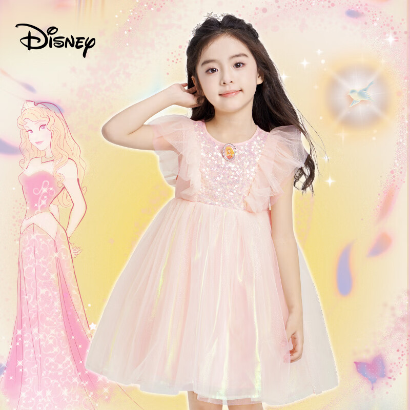 Disney 2026 New Summer Girls' Dress Ruffled Sleeping Beauty Princess Thin Mesh Dress 150CM