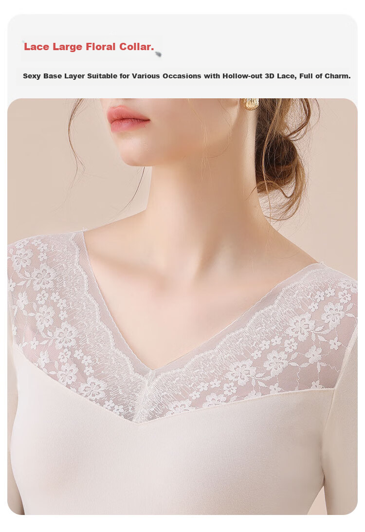 MiiOW Acrylic Thermal Women's Warm Underwear Lace Top Autumn Winter Slim Fit Base Shirt Black 7