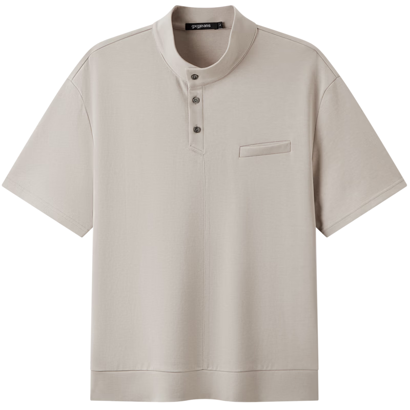 Gxgjeans Men's Casual Basic Henry Collar Stand Collar Short Sleeve Polo Shirt 26 Summer New Light Khaki 180/XL
