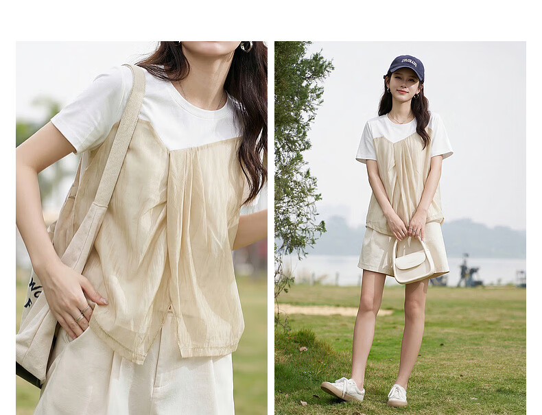Demana [Comfort Sorona] Summer Elegant Color-Block Crew Neck Short Sleeve Fashion Slim Fit Versatile Women's T-Shirt 4