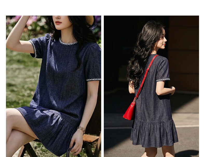 Demana [Oxygen Pure Cotton] Summer Retro College Embroidered Ruffle A-Line Denim Dress Slim Fit Mid-Length for Women 7