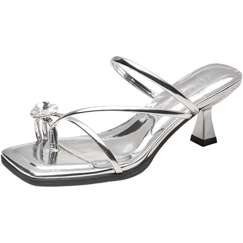 Eierkang Women's Sandals Fairy Style Rhinestone Toe-Clip Stiletto Slippers Silver 37 29041W