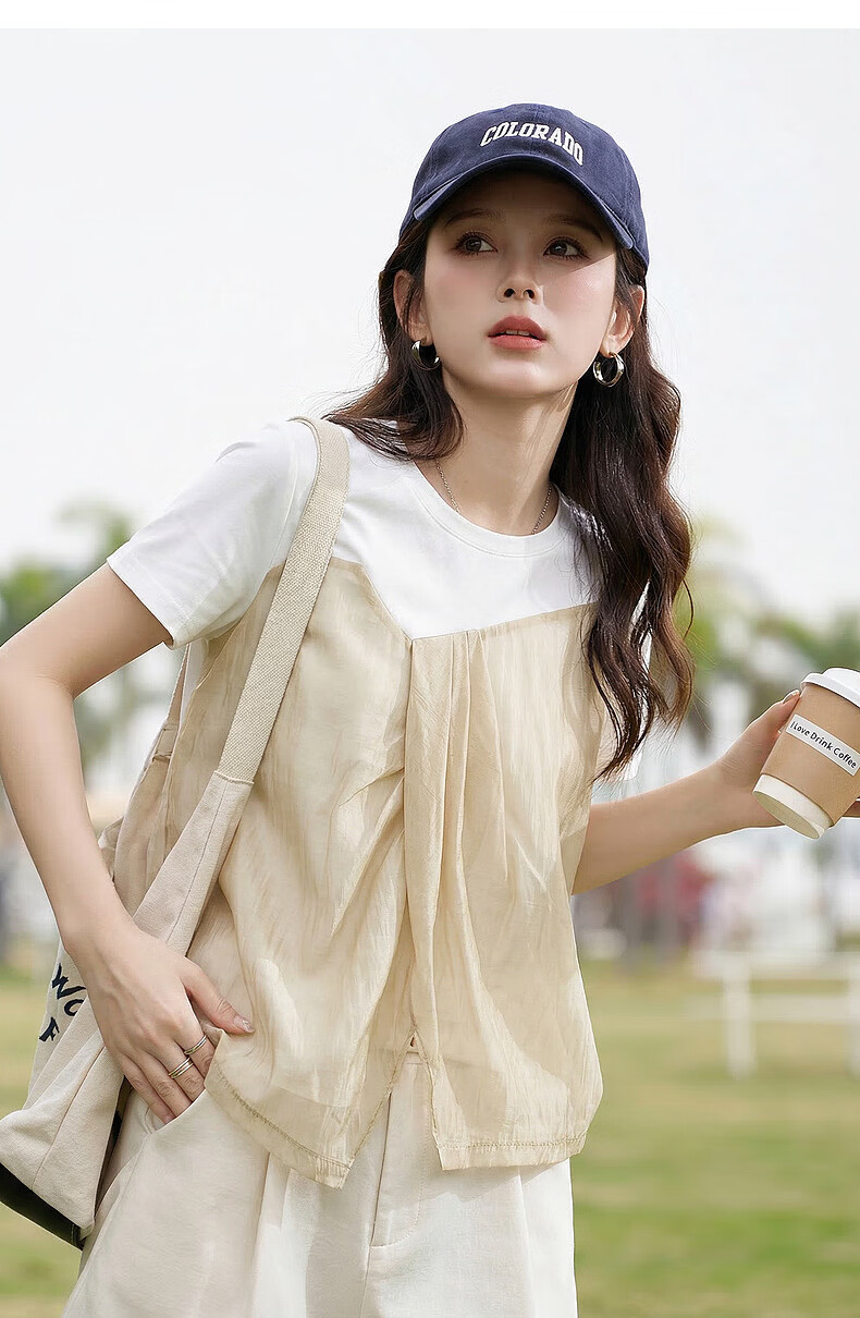 Demana [Comfort Sorona] Summer Elegant Color-Block Crew Neck Short Sleeve Fashion Slim Fit Versatile Women's T-Shirt 14