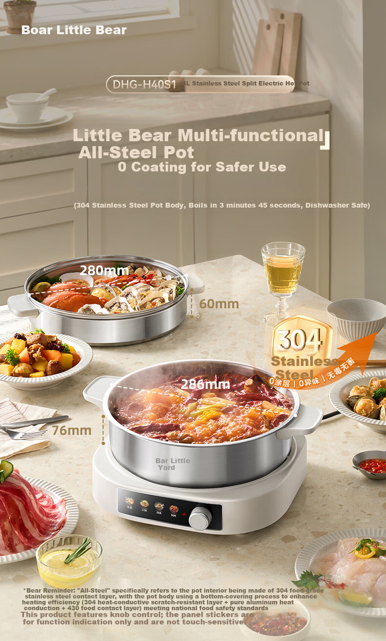Bear 0-Coating Electric Hot Pot, Non-Stick Detachable Multi-Functional Stainless Steel Electric Cooker, 4L, Suitable for 4-6 People, Model 40S1 3