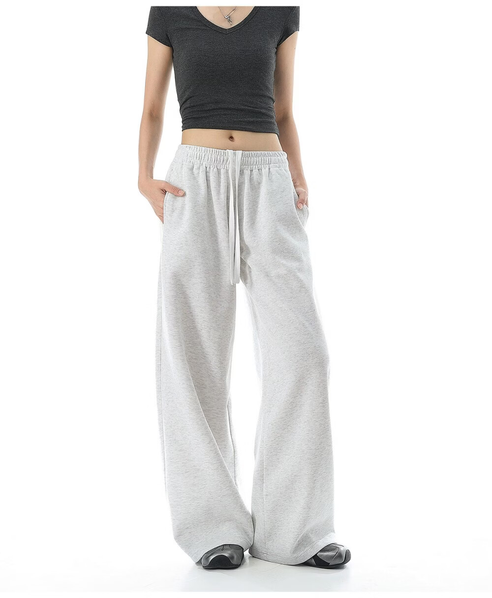 ICH MODE Solid Color Drawstring Women's Sports Pants New Loose Straight-Leg Draped Wide-Leg Casual Trousers Navy Blue S 13