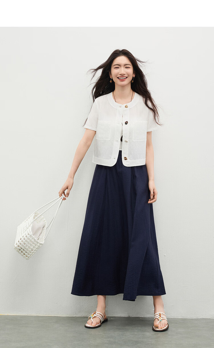 Shangdu Bila Linen Lyocell Jacket Women Spring Summer Petite Round Neck Colorblock Button Short Coat Light Luxury Elegant Cardigan 3