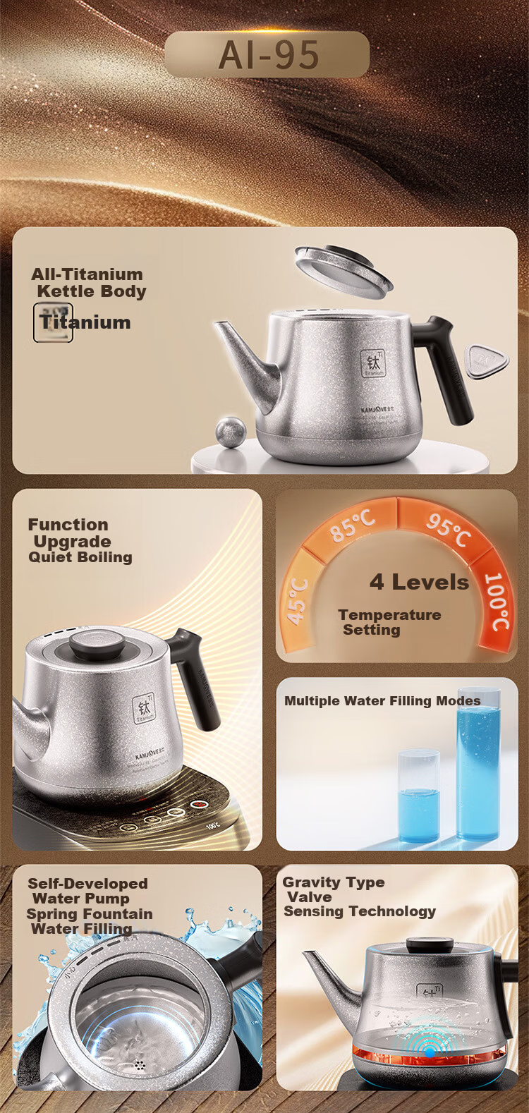 KAMJOVE Pure Titanium Electric Kettle Fully Automatic Bottom Water Supply Electric Kettle New Model Temperature Control Integrated Automatic Electric Kettle AI-95 for Boiling Water and Brewing Tea 2