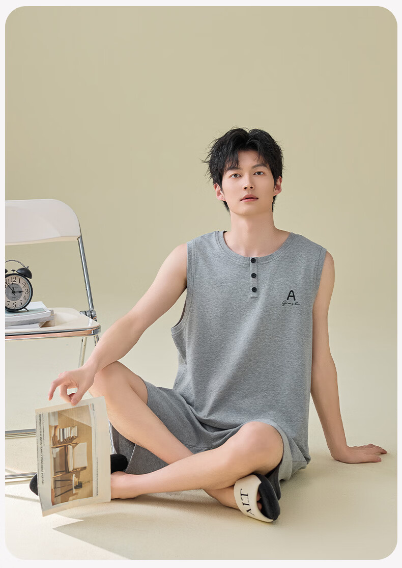 Xunmianren Men's Summer Vest Pajamas Pure Cotton Thin 2026 New Minimalist Plus Size Sleeveless Homewear Set 14
