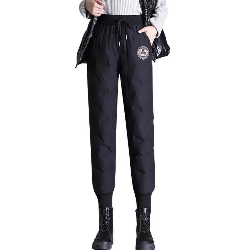 Yishangmei White Duck down Pants for Women, High-Waisted Fleece-Lined Thickened Harem Pants, Loose-Fitting Winter Outerwear, Black, 2XL
