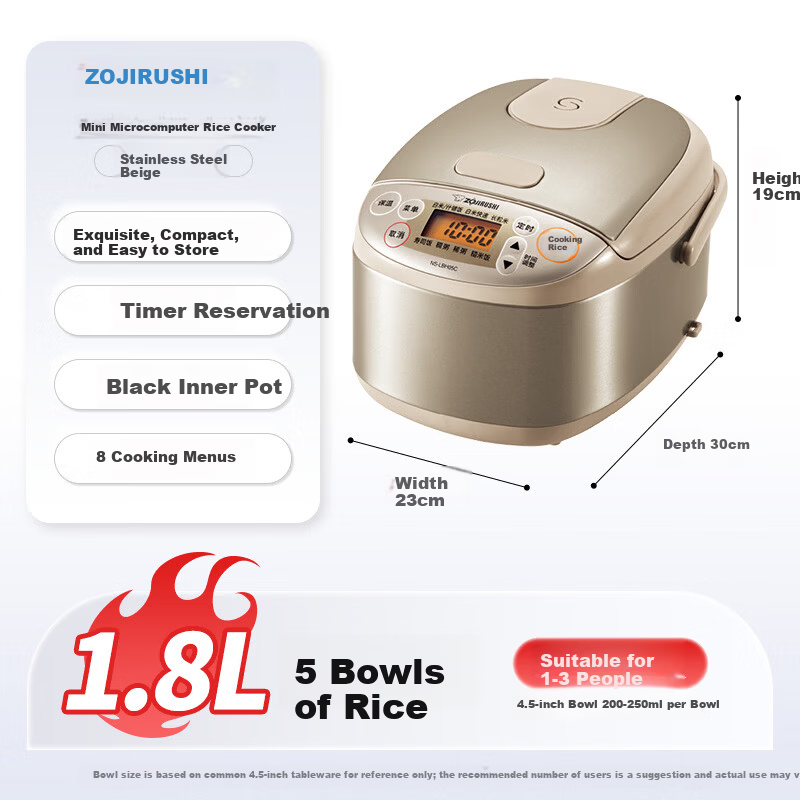 ZO JIRUSHI Mini Household Multifunctional Smart Scheduled Rice Cooker Non-stick Easy-to-Clean Inner Pot Black Inner Pot 8 Cooking Functions 1.8L (1-3 People)