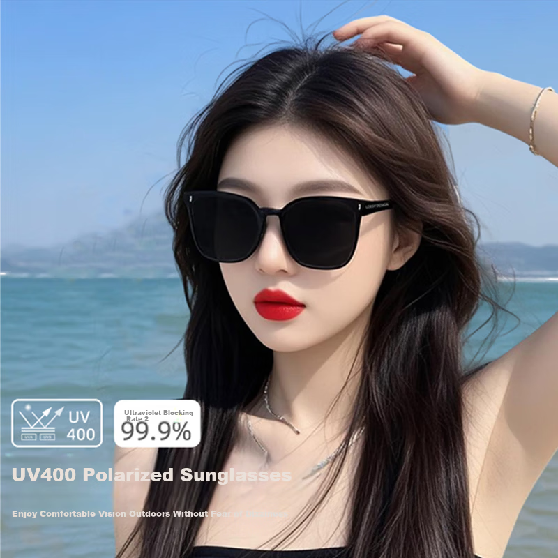LOESY Large Frame Slimming Fashion Polarized Sunglasses UV Protection Driving Glasses Black Frame Black Gray