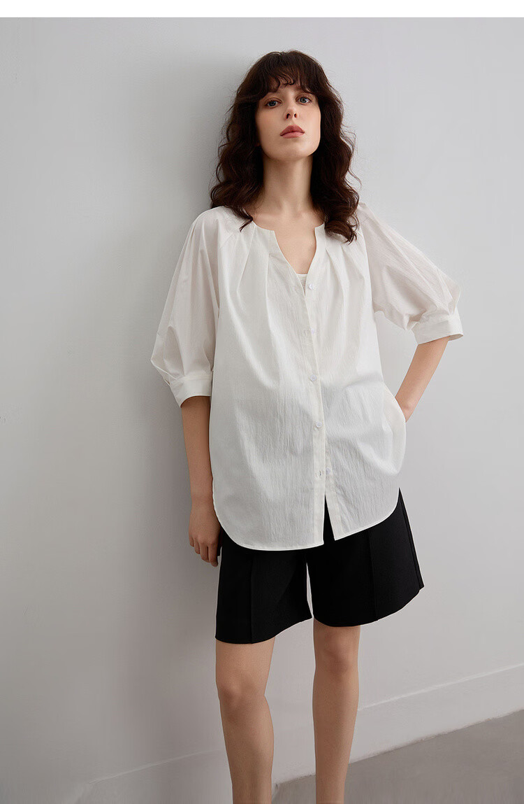 Demana Urban White Moonlight Summer Elegant Pleated V-Neck Cotton Nylon Stretch Loose Slim Shirt for Women Premium Feel 17
