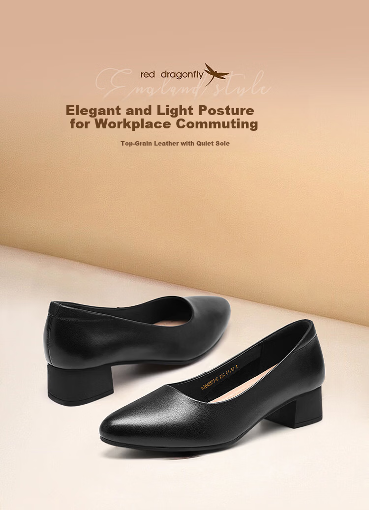 Red Dragonfly Women's Low-Cut Chunky Heel Slip-On Mid Heel Slimming Leather Shoes WTB435931G Black Size 36 1