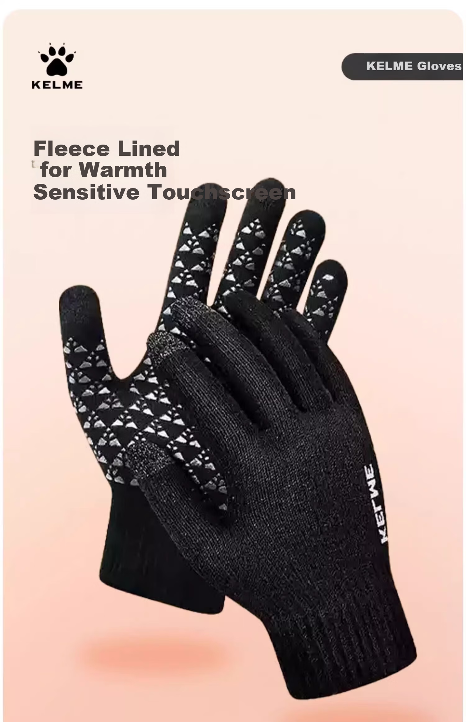 KELME Fleece-Lined Thermal Knitted Touchscreen Gloves Non-Slip Full Palm Sports Cycling Football Running Cold-Resistant 1