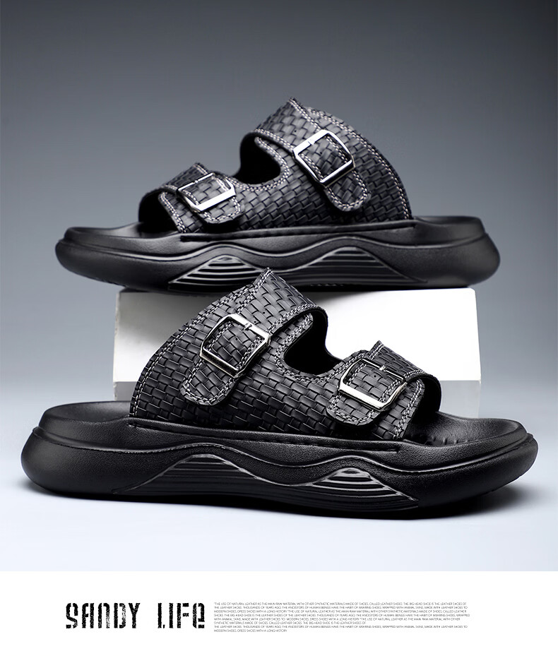 MEXICAN Spring Summer New Men's Leather Sandals Breathable Thick Soft Sole Slide Beach Shoes Black Size 44 13