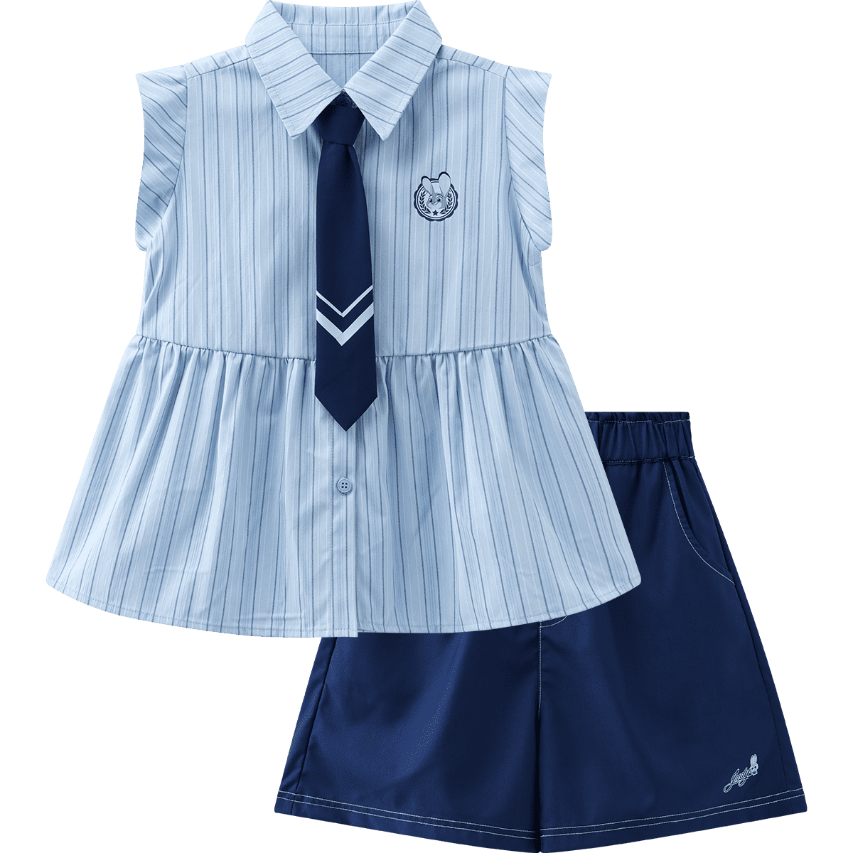 Disney Girls' Academy Style Two-Piece Set Striped Collar Shirt Summer Outfit Blue Vertical Stripes Size 130