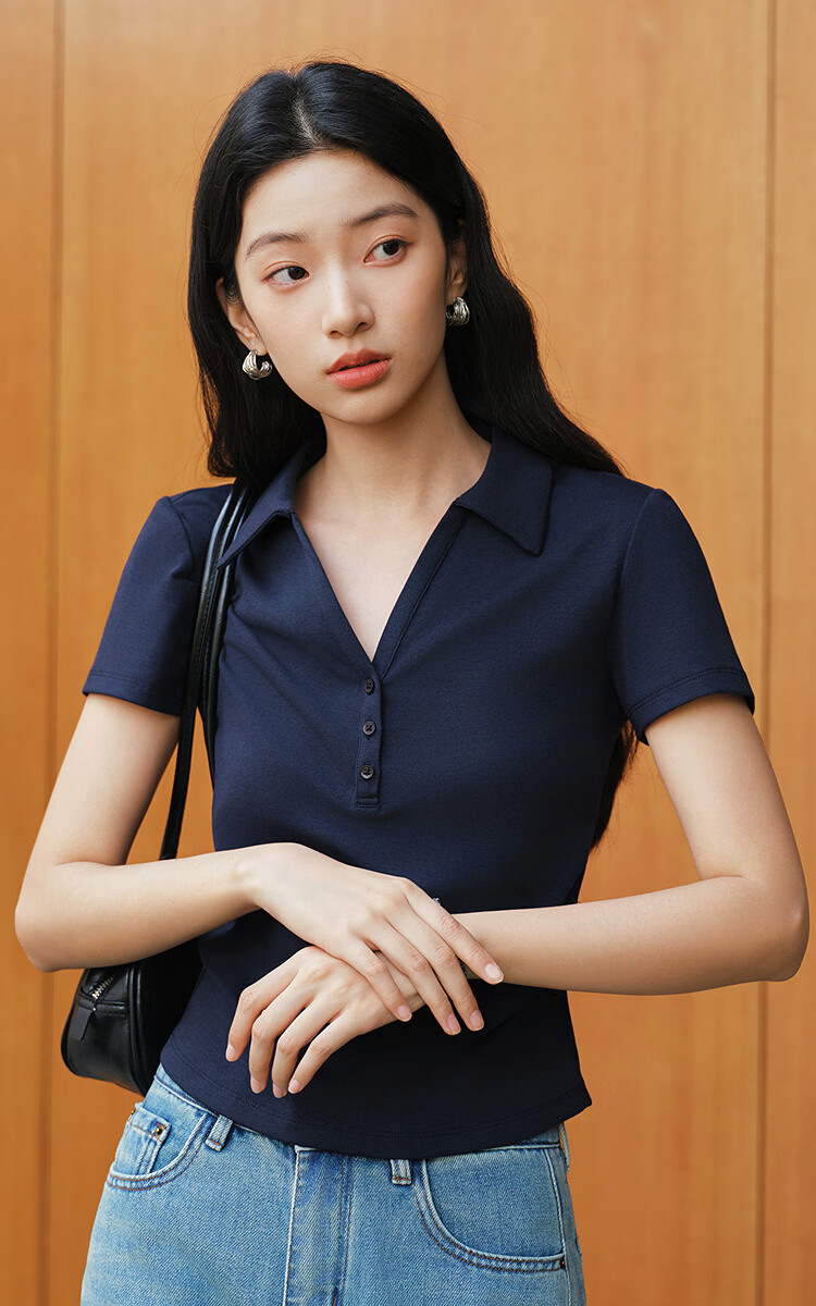 Semir Women's Summer Short Pleated Slim Fit Polo Shirt 2026 Cool Shoulder Top 109326115007 2