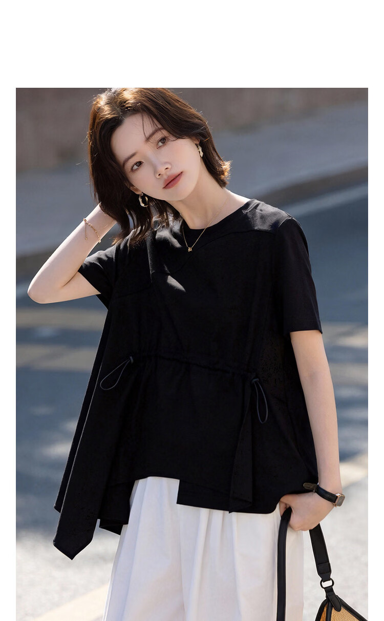 Demana [Cool Feeling Sorona] Summer Simple Round Neck Drawstring Asymmetric Hem Loose Slim T-Shirt for Women Premium Quality 12