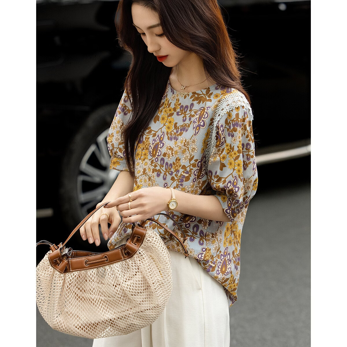 Demana [Pure Cotton Slub Texture] Summer Urban Romantic Printed Lace Ribbon Loose Slim Shirt for Women High-End Feel