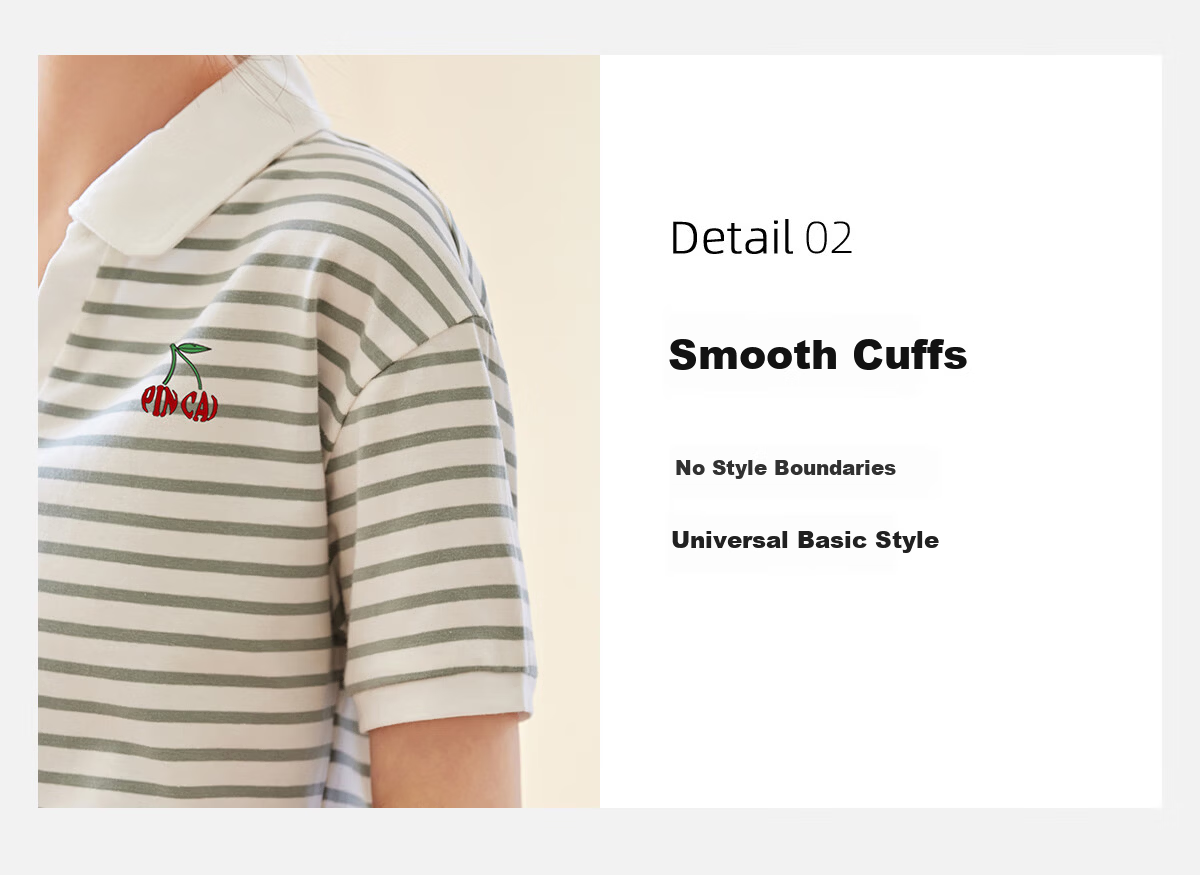 PinCai Women's Summer Short Sleeve V-Neck Polo Shirt Striped Letter Cherry Fashion Base Top P143T1550 10