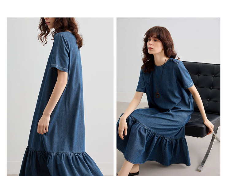 Demana Natural Cloud Oxygen Cotton Summer Vintage Casual Washed Round Neck Ruffle A-Line Slimming Women's Denim Dress 7