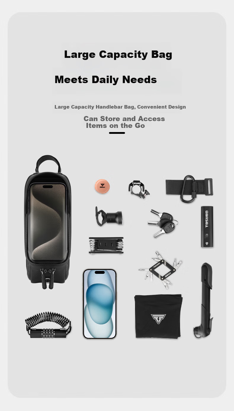 TOSUOD Bicycle Hard Shell Front Tube Bag Mountain Bike Phone Tool Storage Bag Riding Gear Black 4