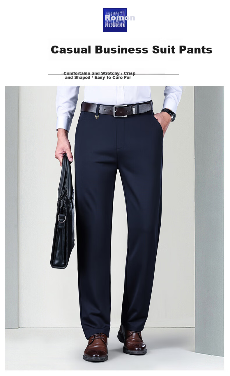 ROMON Anti-Wrinkle Dust-Resistant Men's Non-Iron High-Waist Loose Fit Suit Trousers Casual Straight-Leg Dad Pants 1