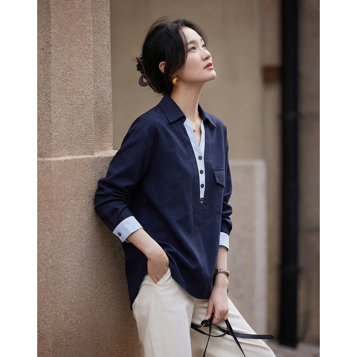 Demana Pure Cotton Slow Life Autumn Colorblock Faux Two-Piece Lapel Large Patch Pocket Loose Slim Shirt for Women Premium Feel