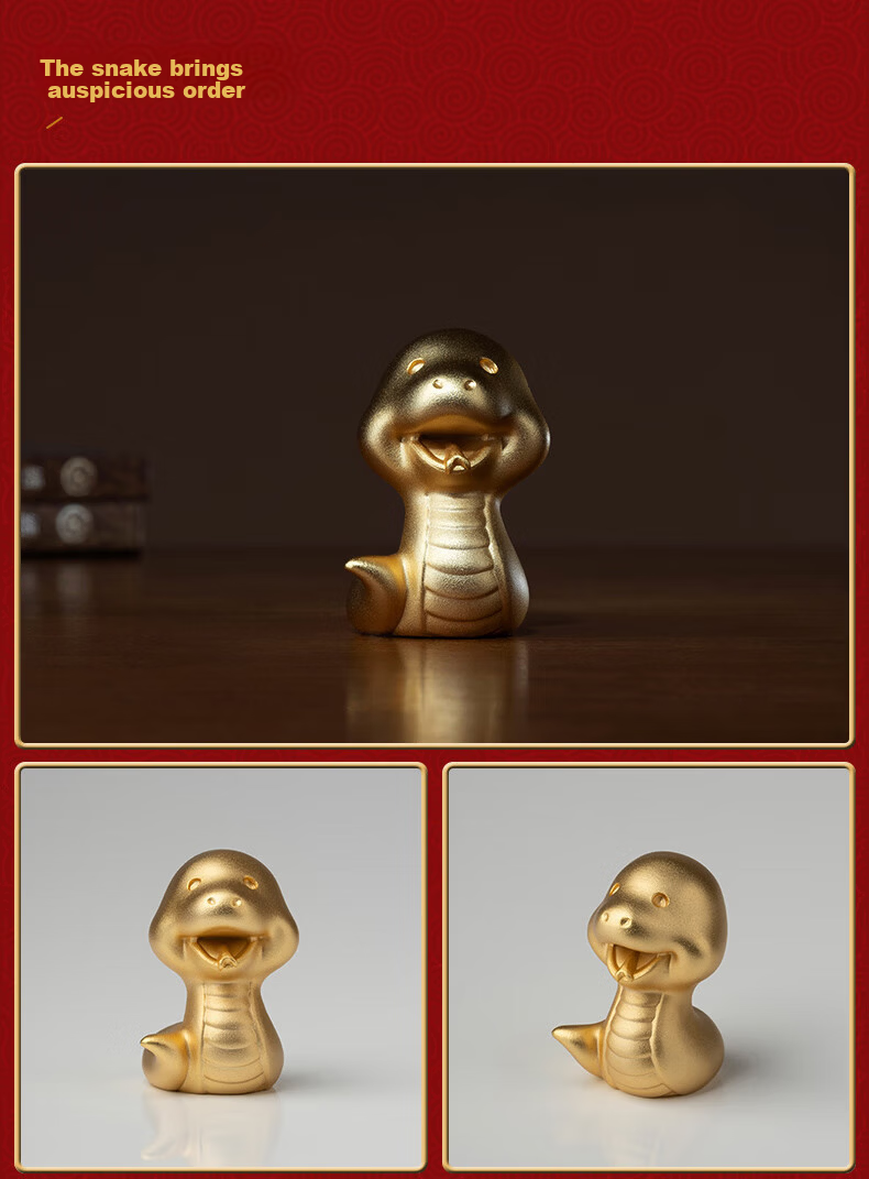 Master Tong "Golden Rhythm of the Twelve Zodiac" Pure Gold Gilded Copper Figurine Home Decor Craftwork - Zodiac Snake 2