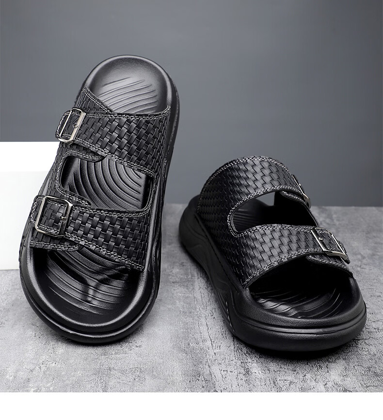 MEXICAN Spring Summer New Men's Leather Sandals Breathable Thick Soft Sole Slide Beach Shoes Black Size 44 14