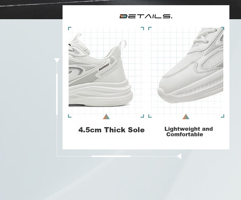 Warrior Official Men's Sports Shoes 2026 Summer New Thick Sole Breathable Casual Shoes White Light Gray Size 41 5